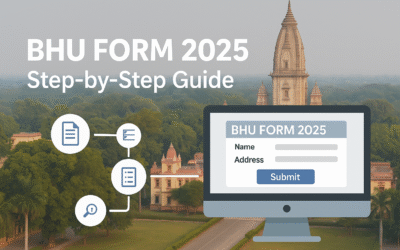 BHU Form 2025 step-by-step guide feature graphic showing BHU campus and online form interface